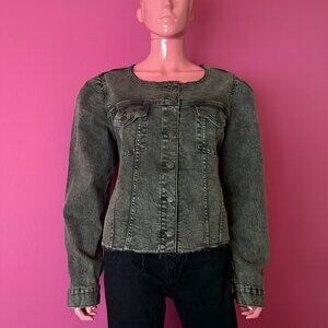 Gap XL Denim Jacket Black AcidWash Puff Sleeve Jean Cotton Distressed Scoop Neck